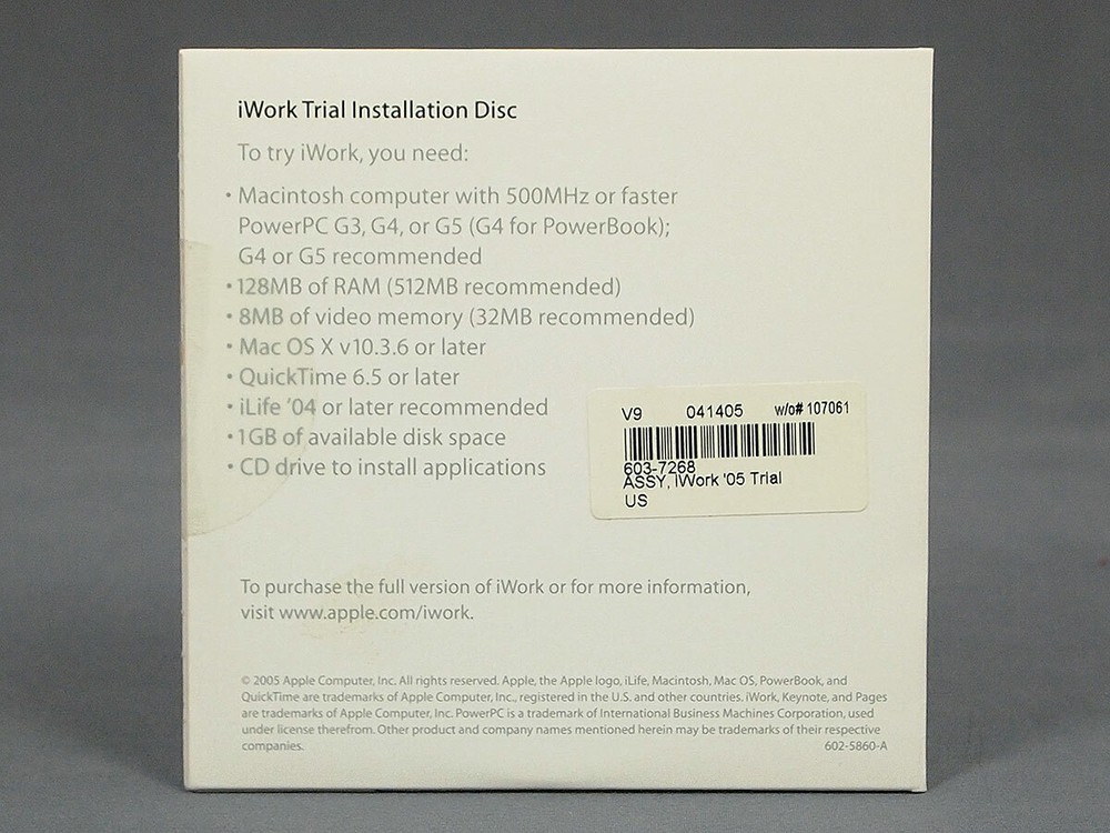 NEW SEALED Apple iWork '05 Trial Version CD-ROM Package 602-5860-A