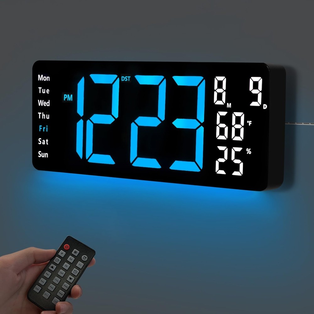 17.5” Digital Wall Clock, LED Display with Time, Date, Month, Temperature