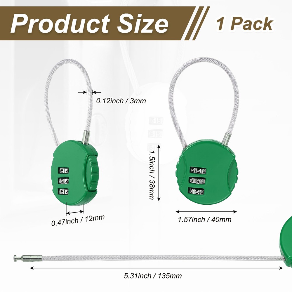 1-Pack Combination Padlock, 3 Digit Round Shaped Cable Luggage Lock [Dark Green]