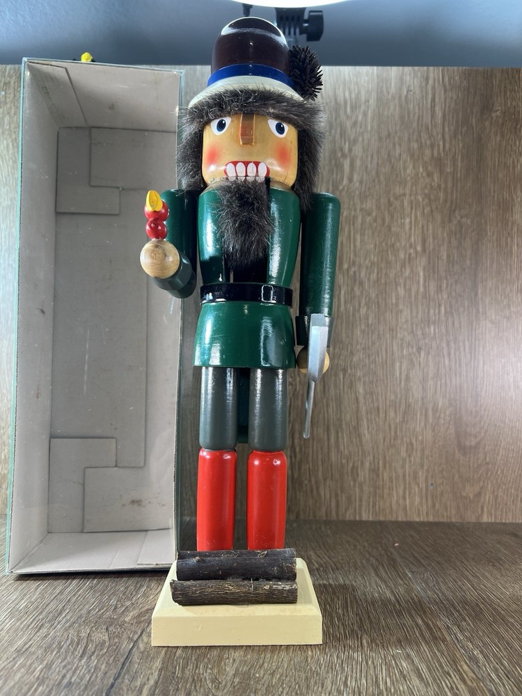 Vintage Wooden Lumberjack Nutcracker Holding A Axe & Bird
