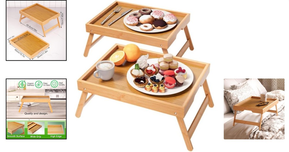 Stylish 2 Pack Bamboo Breakfast Trays - Compact Foldable Design for Convenience