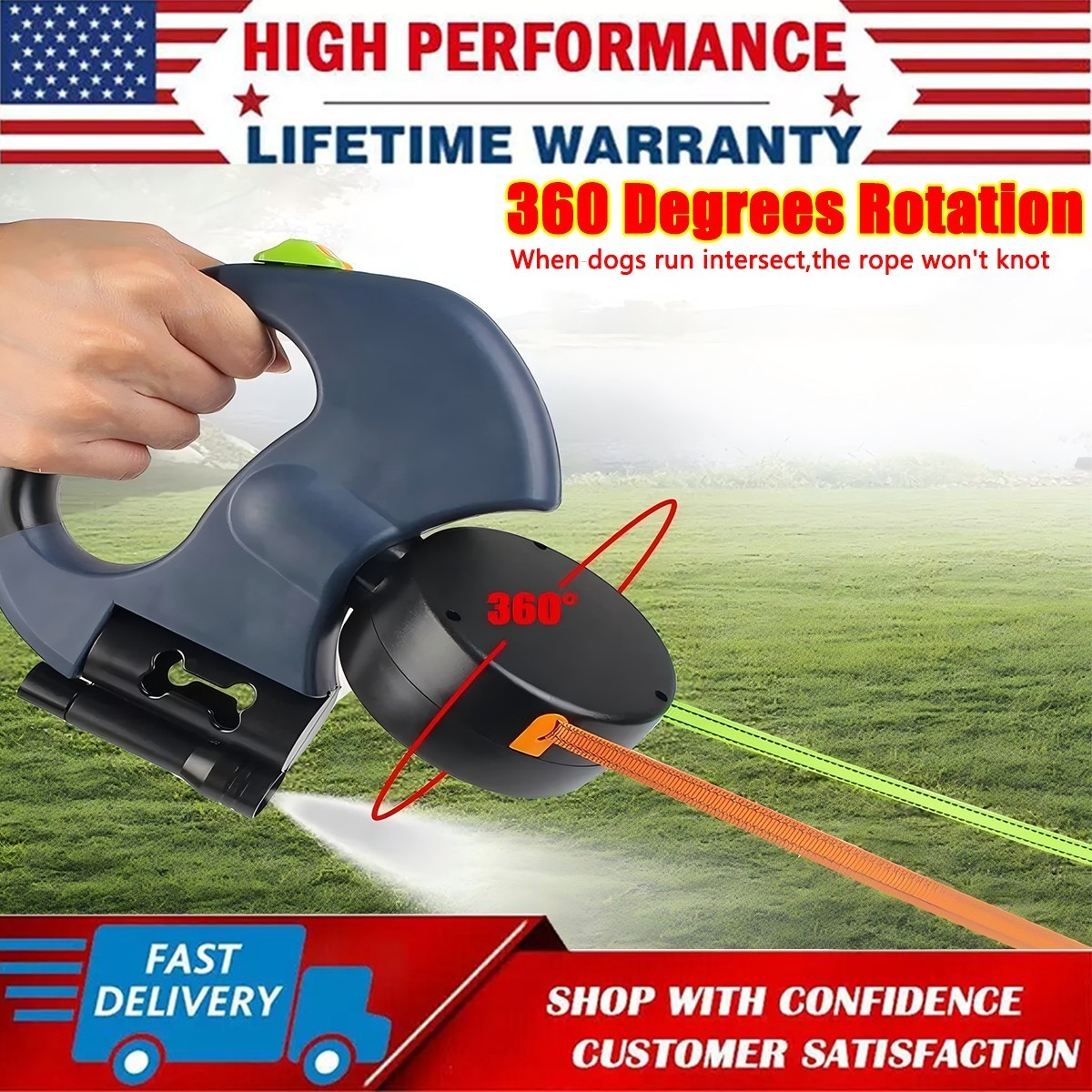 Retractable Reflective Dual Pet Leash Lead 360 Swivel Double Dog Walking Leash