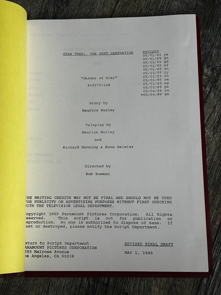 STAR TREK Script The Next Generation Shades of Gray Revised Final Draft