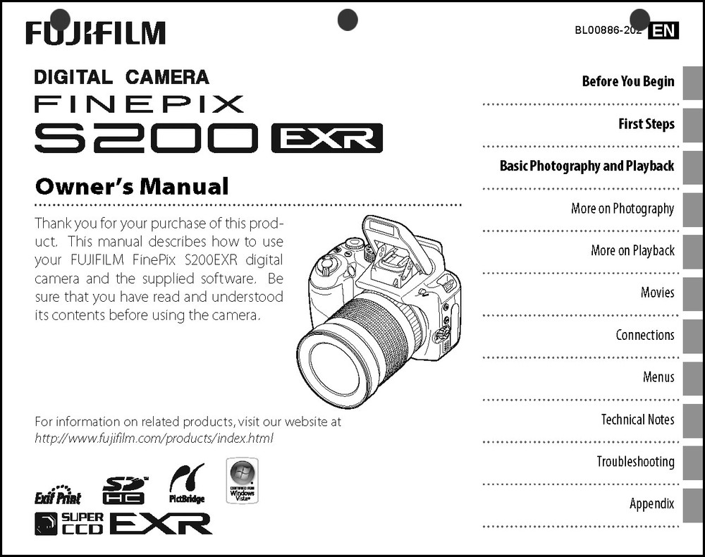 FujiFilm FinePix S200 EXR Digital Camera User Guide Instruction  Manual