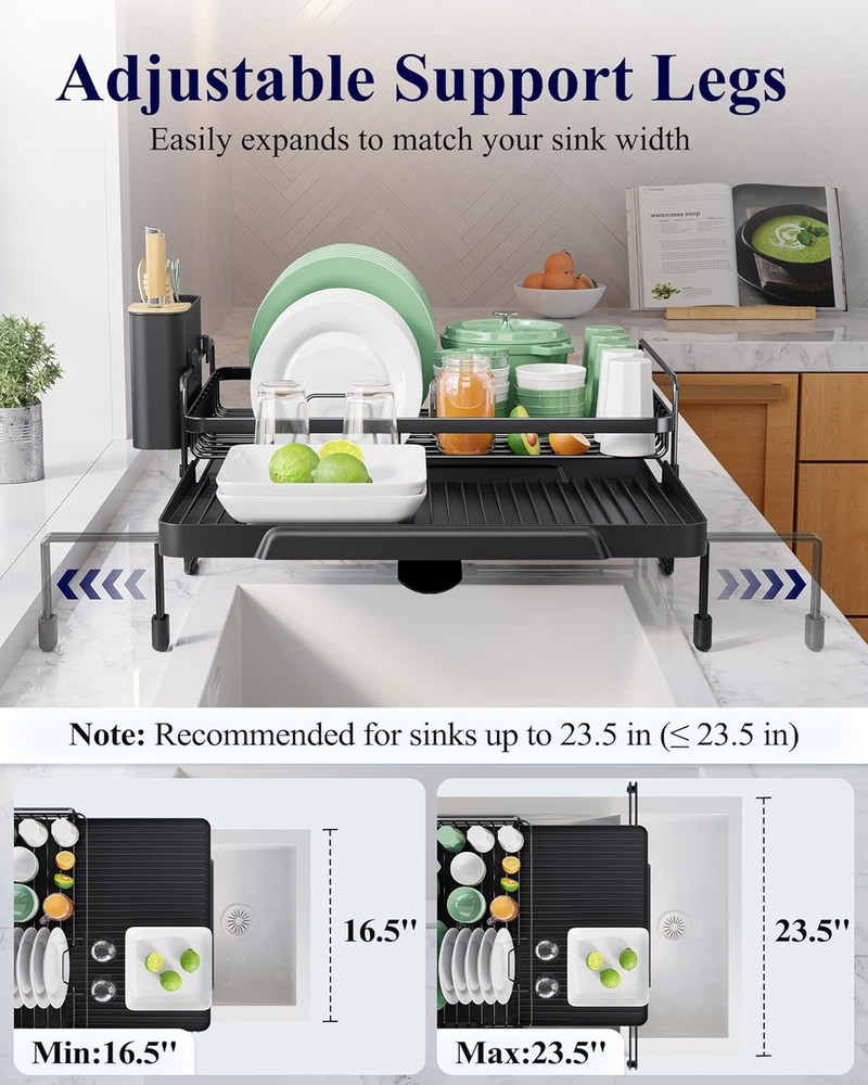 Extendable Dish Drying Rack Adjustable Length 12.8"–21.0" Auto-Draining Dish