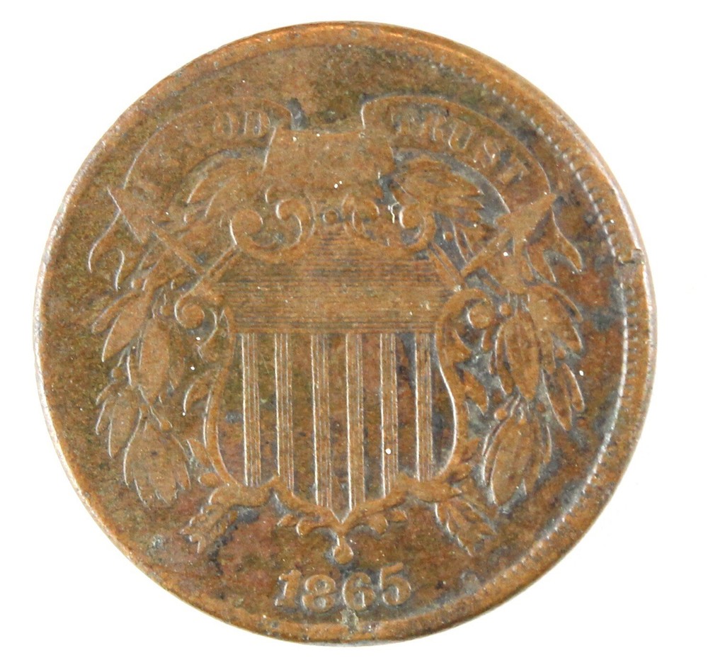 1865 Plain 5 Two Cent piece  VF