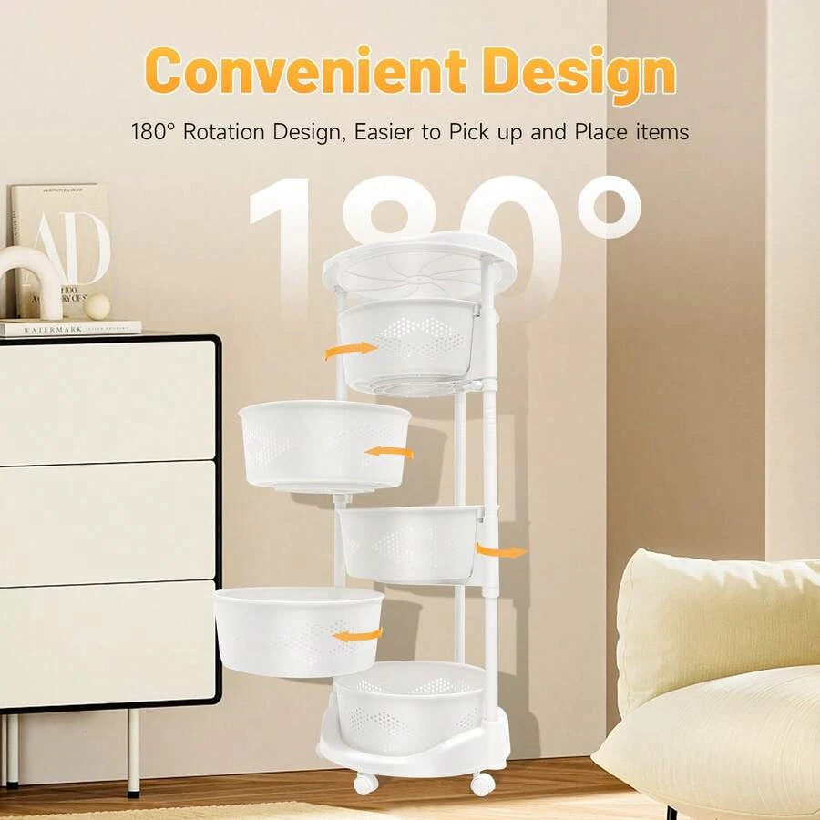 NEW 5-Tier Rotating Storage Shelf With Casters, Adjustable Height, Modern White