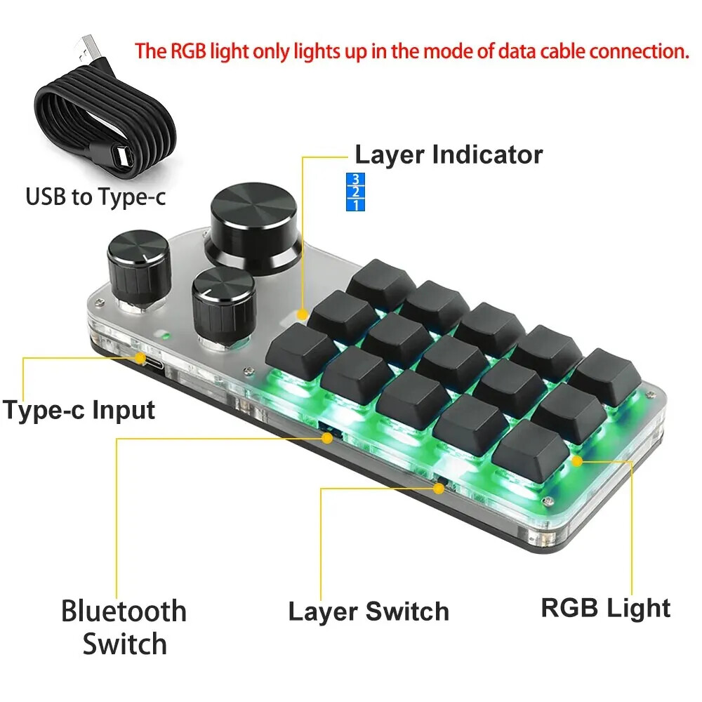 Macro Programming Keyboard 15 Button 3 Knobs Custom Game Keyboard With Bluetooth
