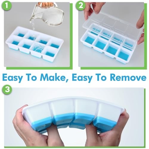 Large Ice Cube Trays with Lid, 2 Pack Stackable Silicone Ice Cube Molds Blue