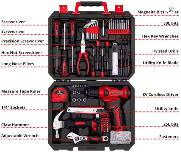 Drill Set Tool Set with 8V Red Cordless Drill, Home Tool Kit with Drill, Ha