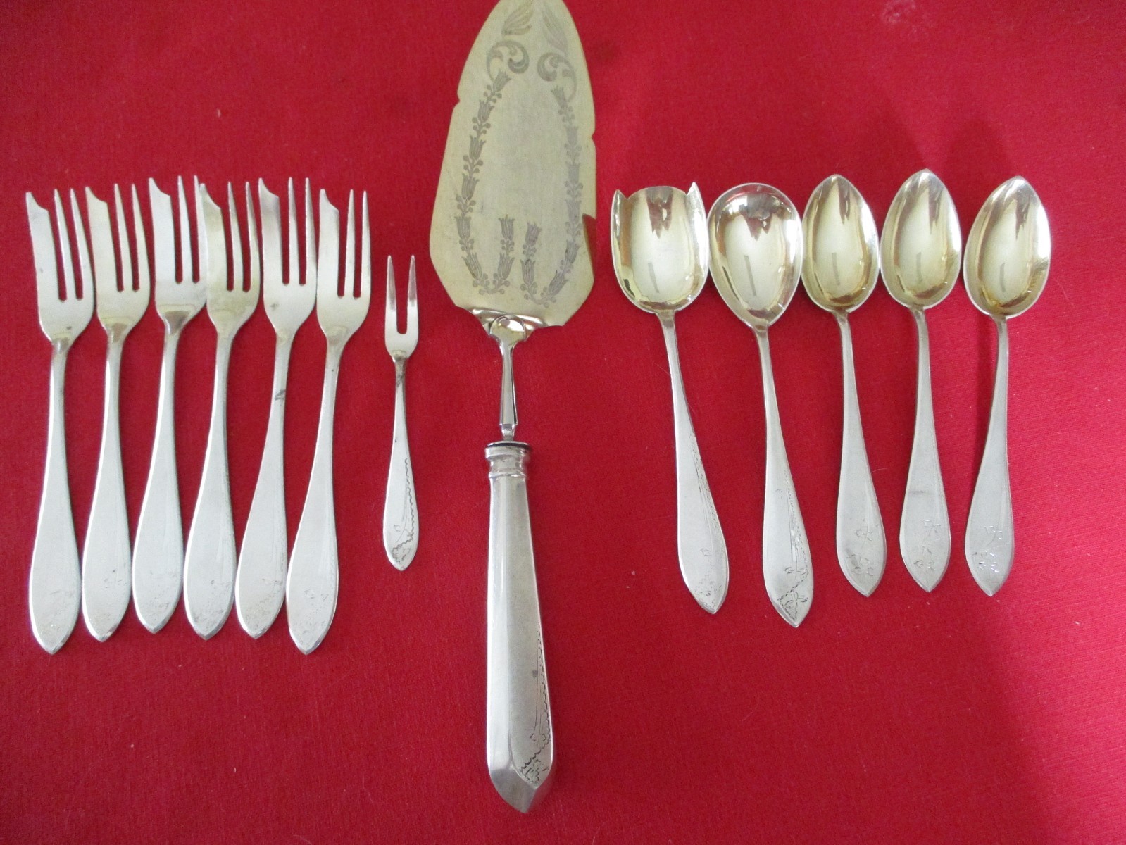 (13) Pc  800 Silver Pastry Set Flatware, 414 Grams, Etched Pattern
