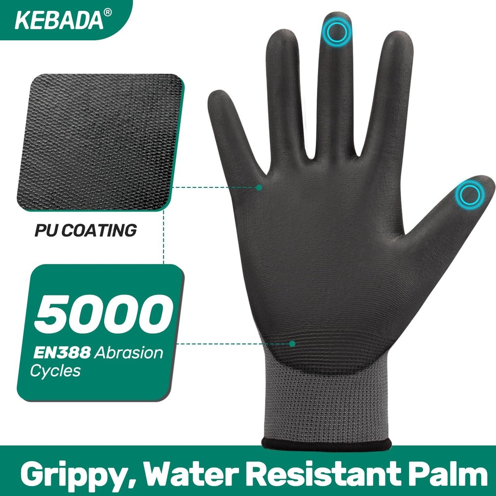 Kebada PU Coated Work Gloves, Touchscreen, 12 Pairs, Medium, Gray