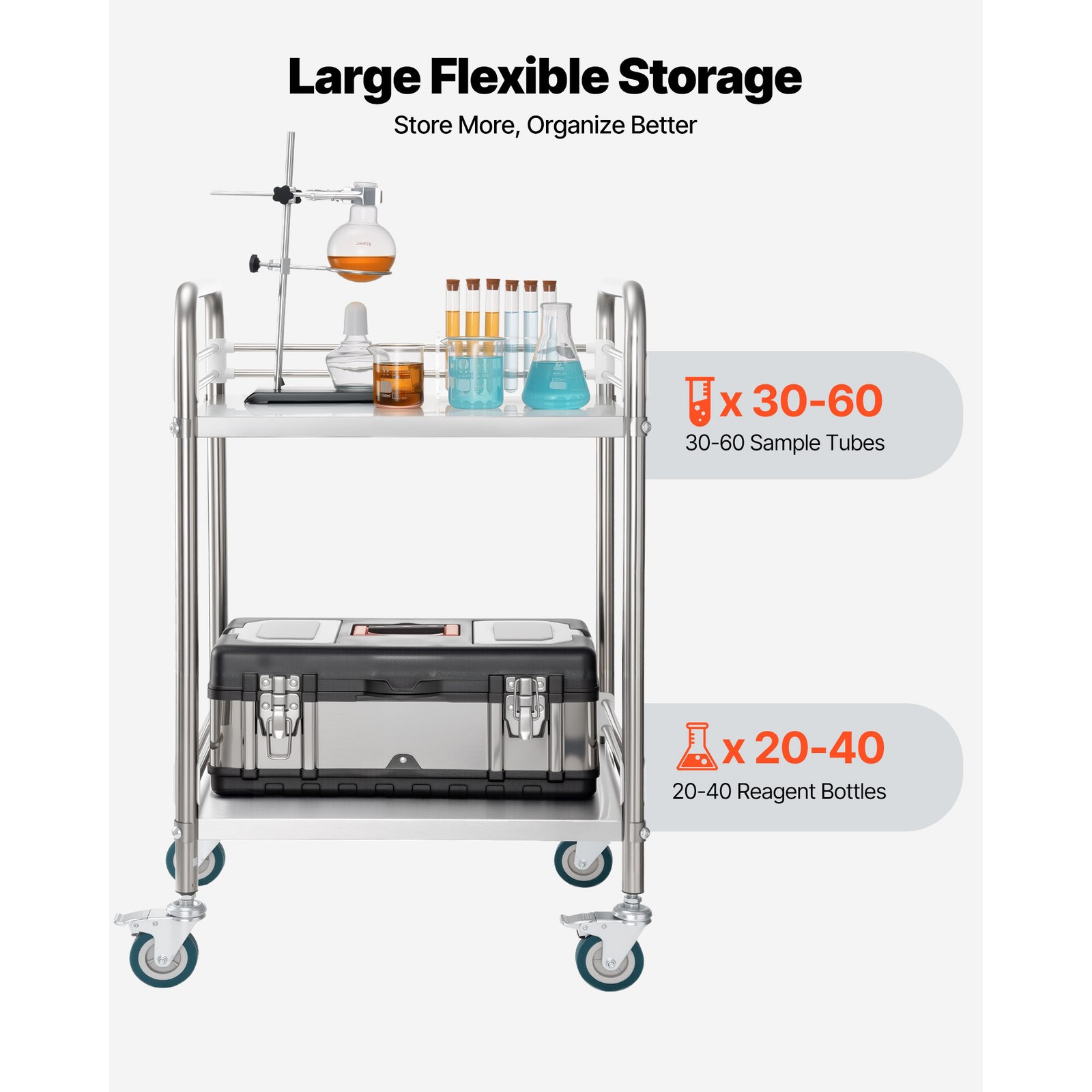 Uimoso Stainless Steel 2-Tier Rolling Lab Utility Cart Medical Lockable Wheels