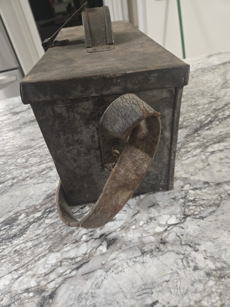 Vintage Metal Toolbox with Handle and Leather Strap