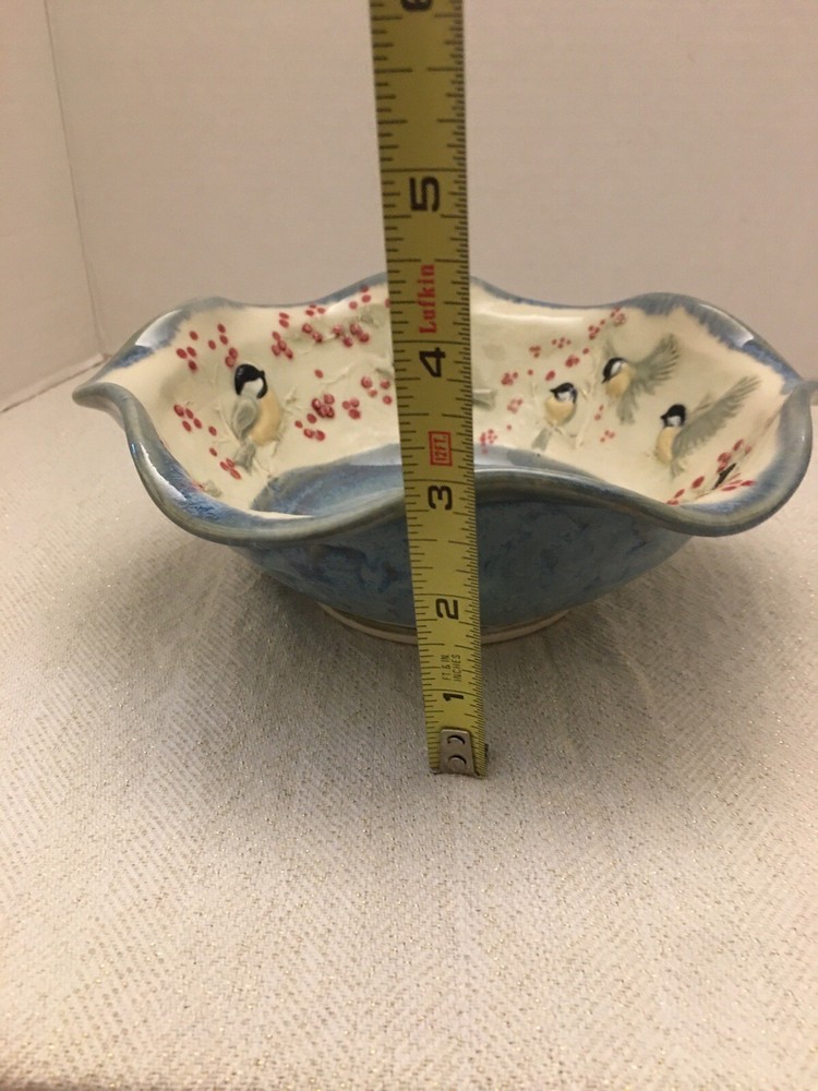 Jen Stein Art Pottery Bowl Decor Piece Chickadee Pattern