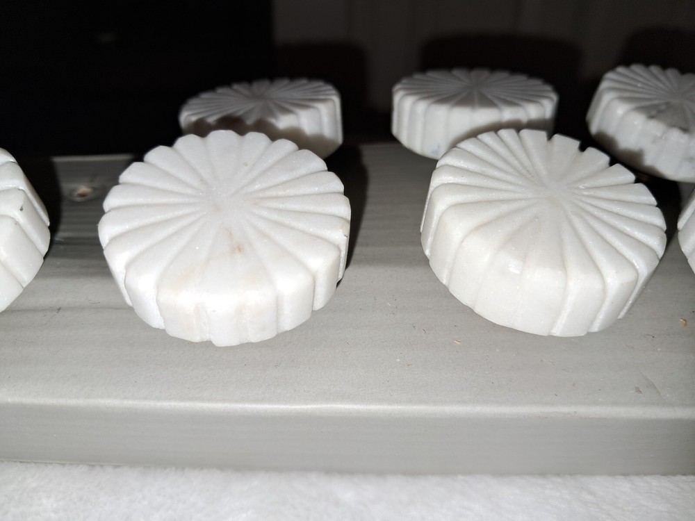 7 -Vintage Stone Drawer Pulls White Knobs 1 1/2" dia Round ACTUAL STONE nos set
