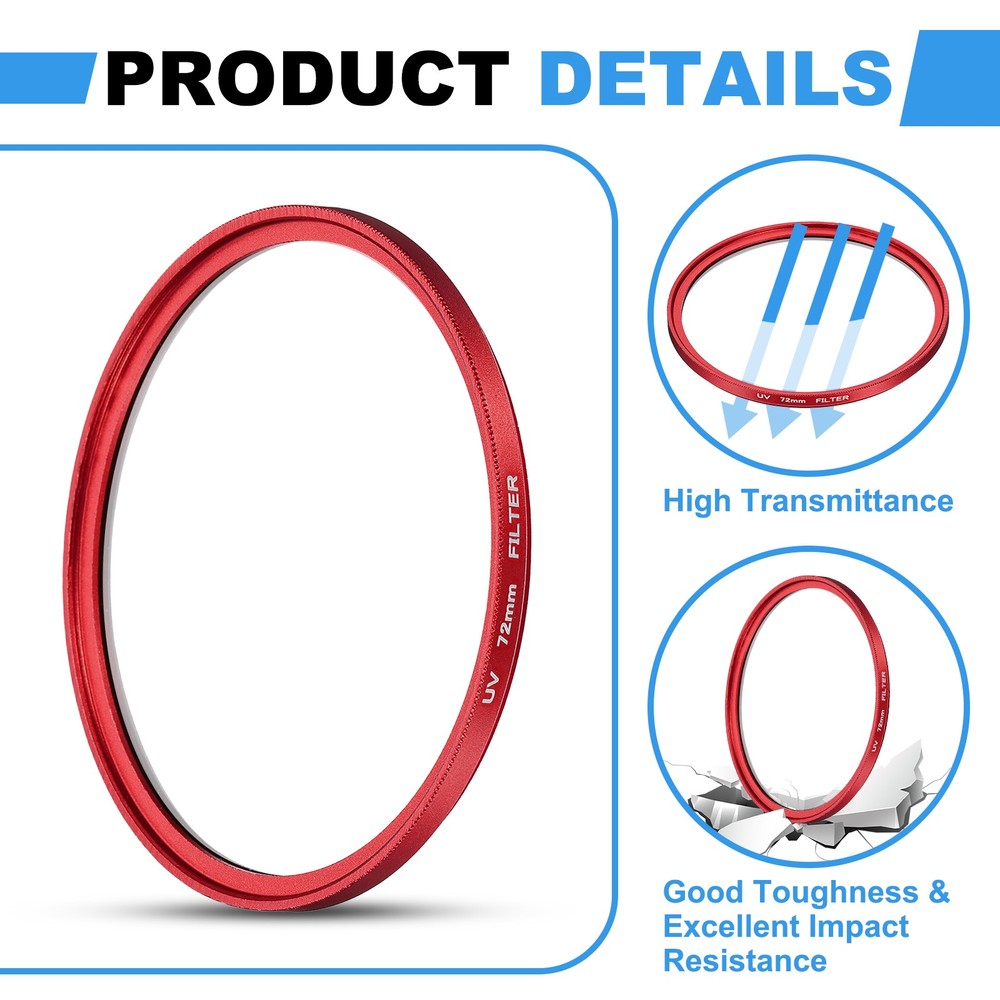 2Pcs 72mm Ultra Slim Lens Filter Multi Coating Camera Len Filter, Red