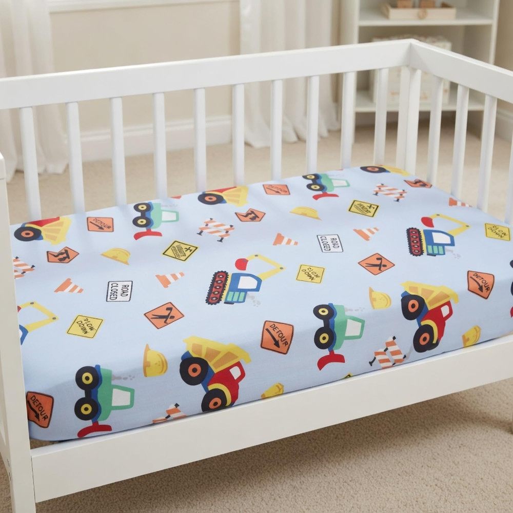 Baby Boy Fitted Crib Sheet, under Construction, 100% Soft Breathable Microfiber