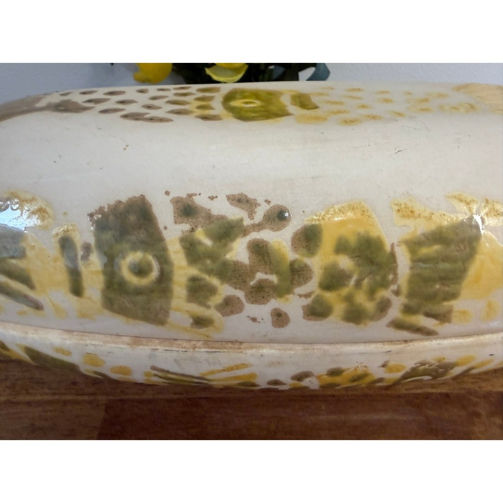 Vintage Fish Shaped Bakeware Covered Dish Ceramic Roaster Rustic Kitchen Decor