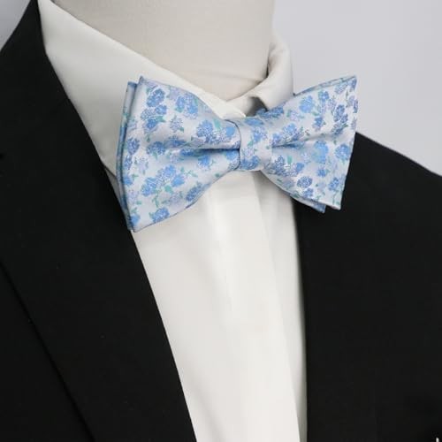 Pre-tied Floral Bow Ties for Men Adjustable Flower Pattern Satin Blue,white