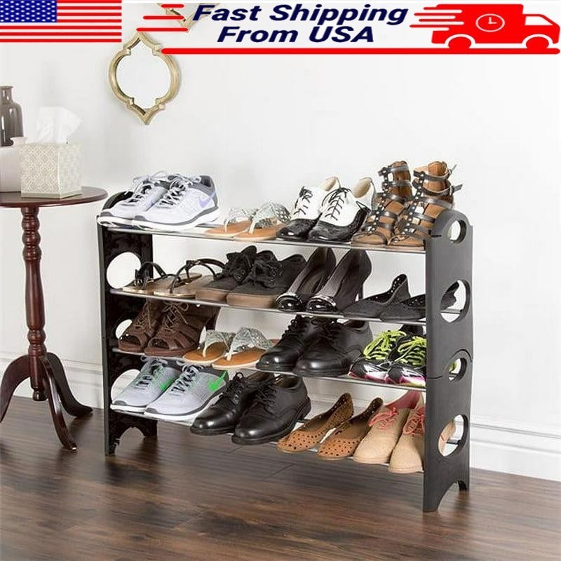 Stackable Shoe Rack Organizer 32 Pairs Space-Saving Ventilated Closet Storage US