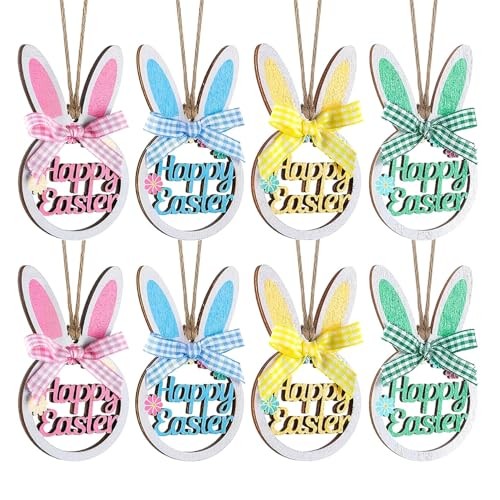 4 Pcs Bunny Tree Ornament Wooden Hanging Happy Easter Ornaments with Bunny-2