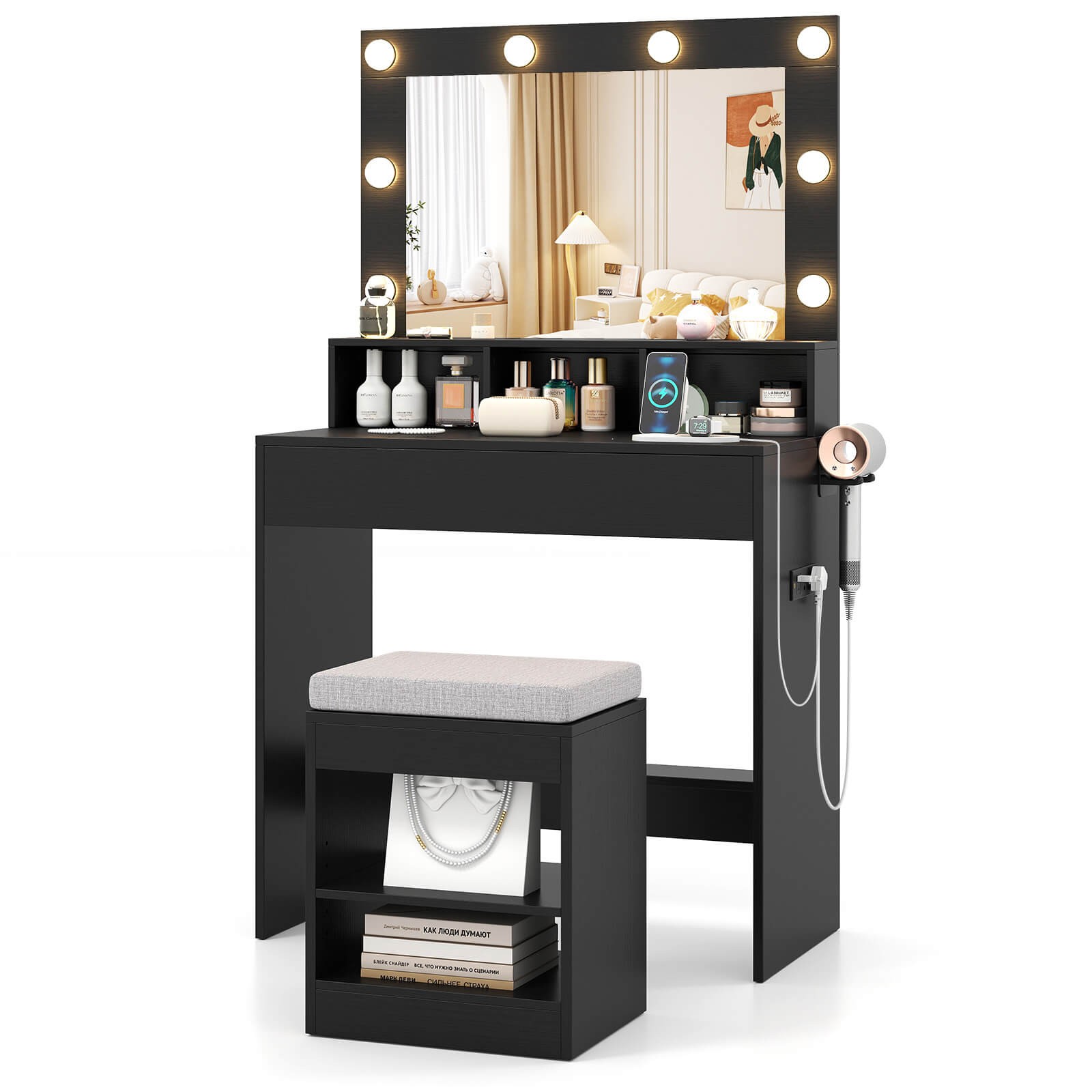 Vanity Desk Set with Mirror and Lights 31.5" Small Makeup Table for Bedroom