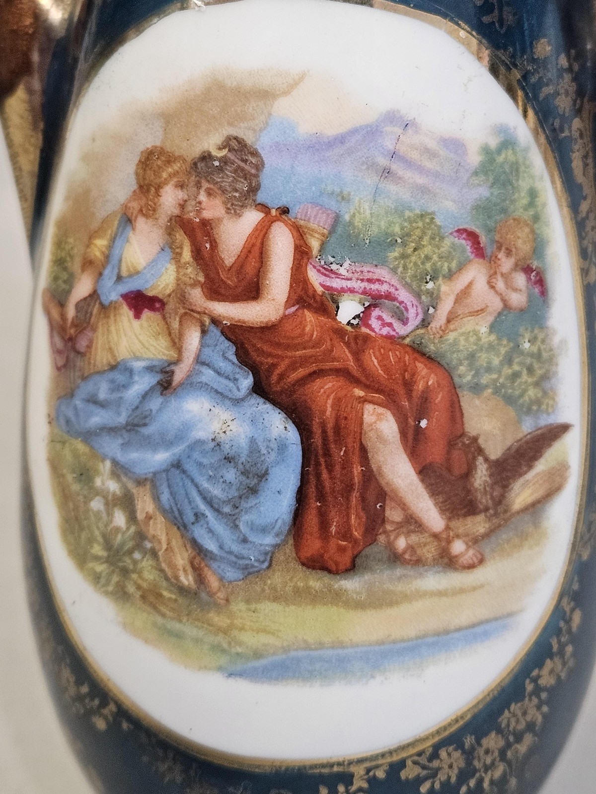 Vintage Victoria Austria Porcelain Vase Romantic Couple Blue Gold Art Nouveau