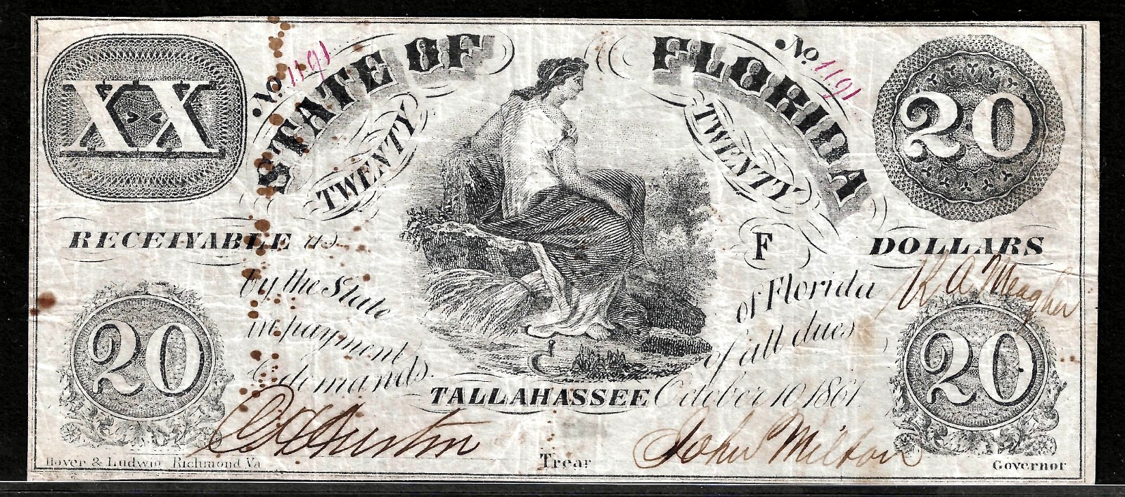 Oct 10, 1861 State Of Florida Tallahassee $20 Dollar Issued Obsolete Banknote