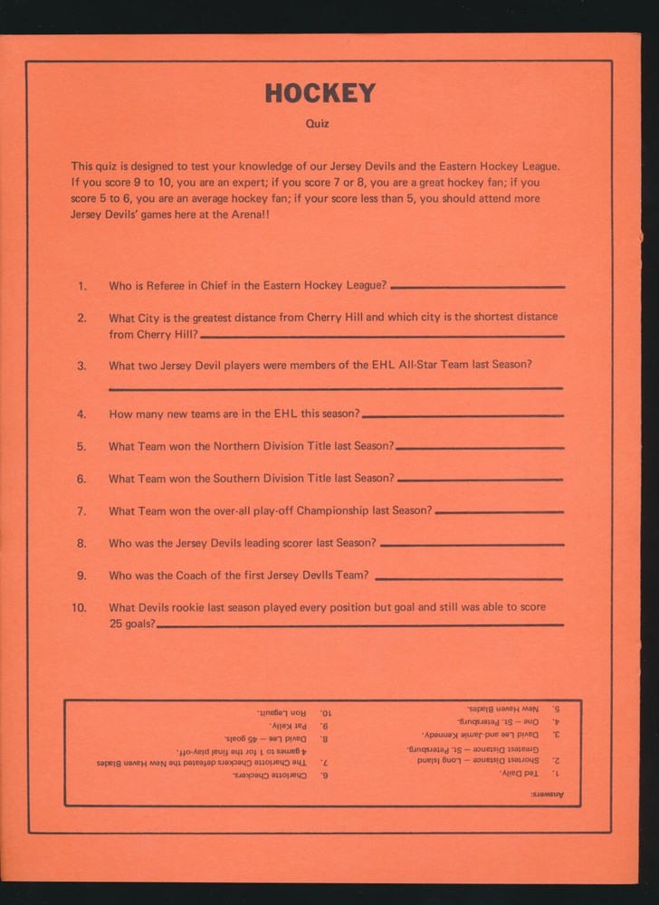 1971-72 NEW JERSEY DEVILS vs Charlotte Checkers (EHL) -SCORE CARD/PROGRAM