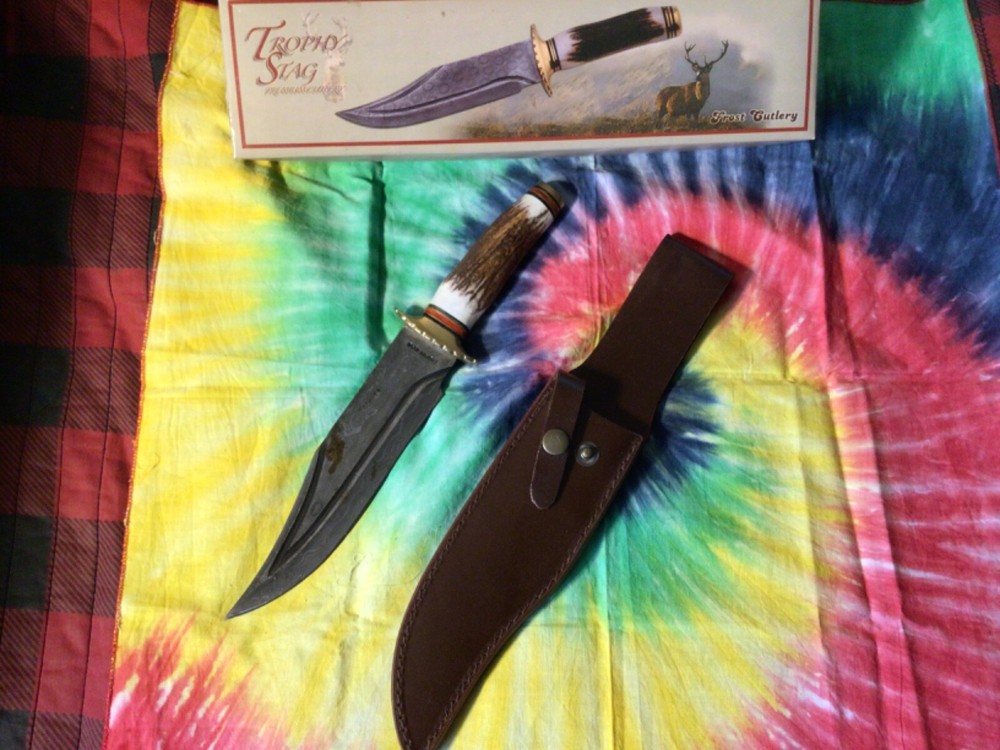 Large Stag Handle Damascus Bowie Knife