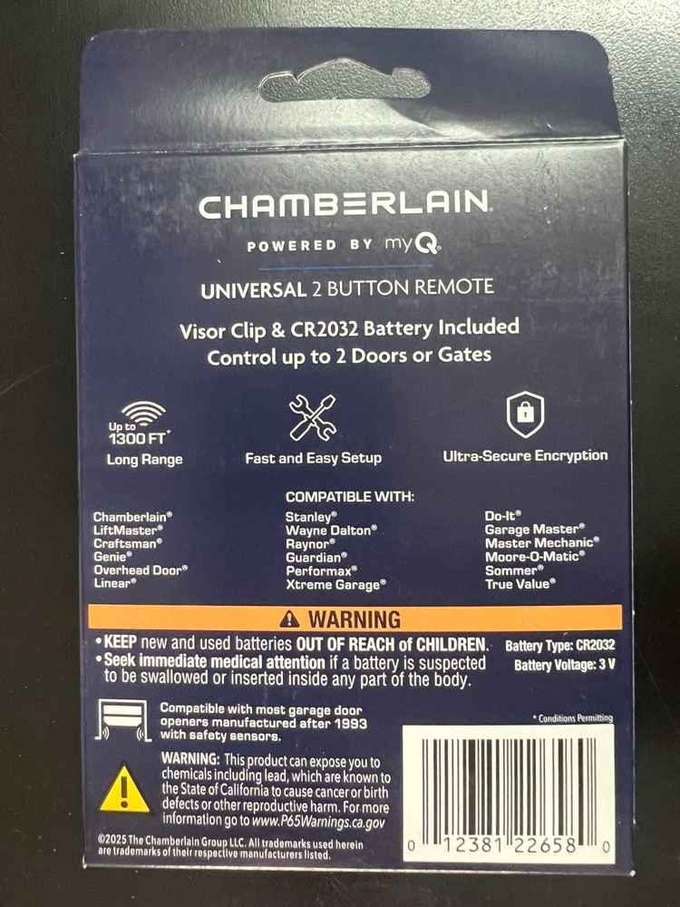 Chamberlain Model # CHU62 Universal 2-Button Garage Door Remote Control 6580