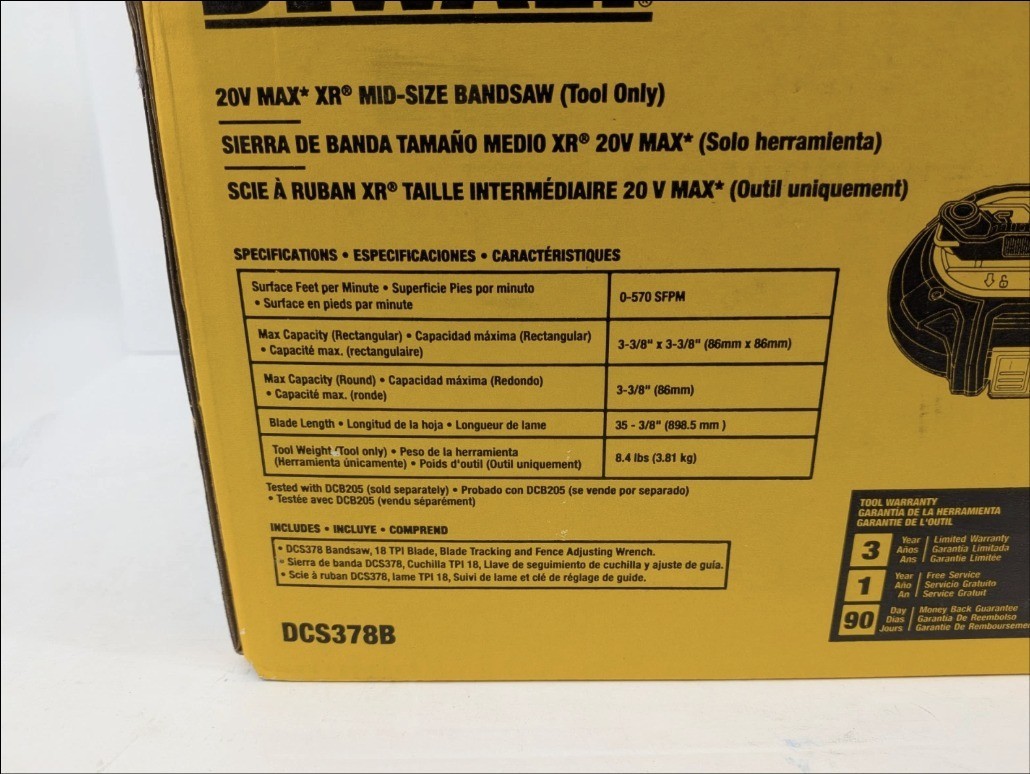 Dewalt DCS378B 20V MAX XR Cordless 3-3/8" Cut Capacity Bandsaw (Tool Only)