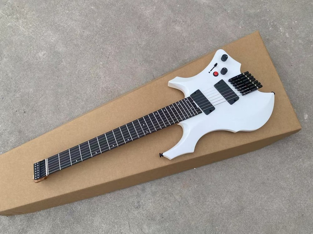 Satin White 7 String Headless Electric Guitar Red Killswitch Active Pickups