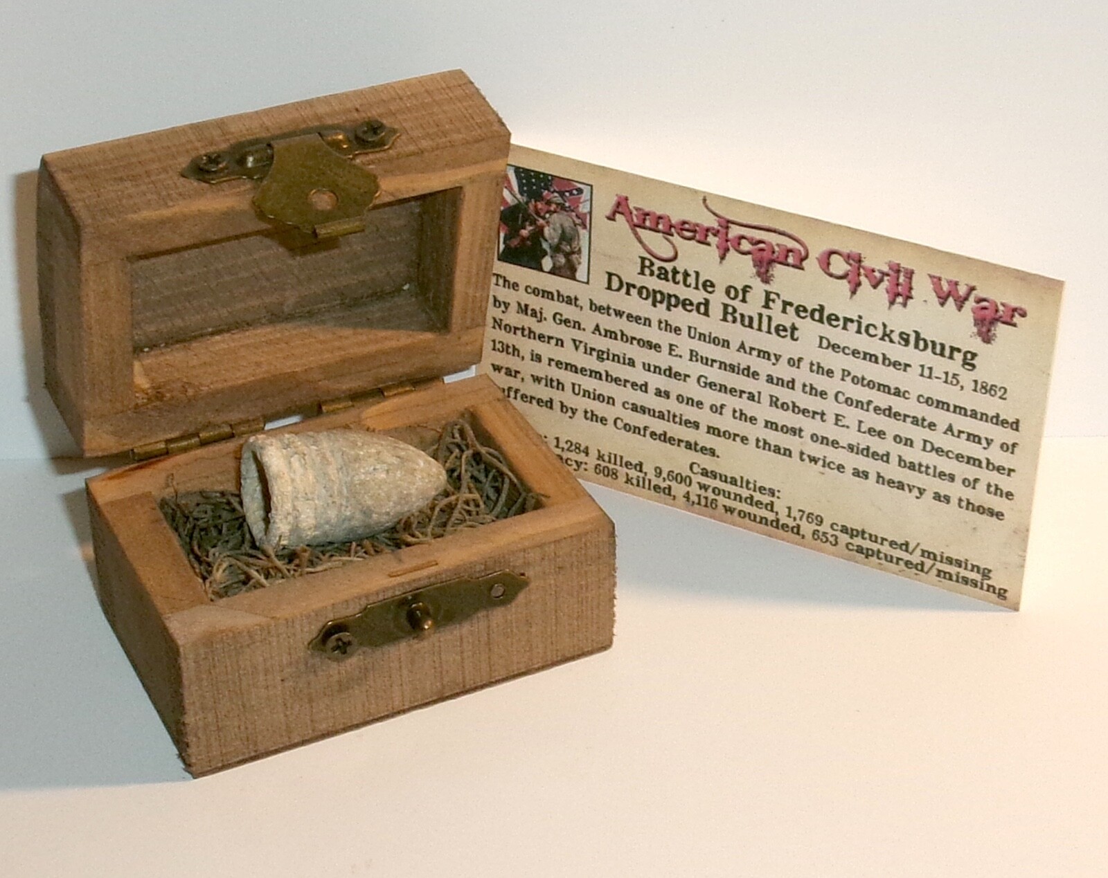 Civil War Bullet Battle of Fredericksburg, Wood Chest, Information Card and COA