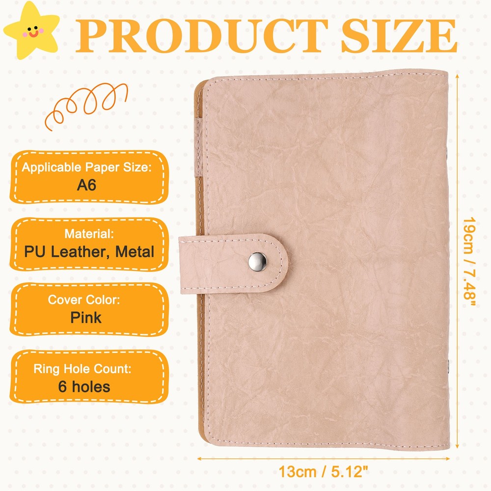 A6 Textured PU Leather Binder Protector, 6 Ring Waterproof Binder Cover, Pink