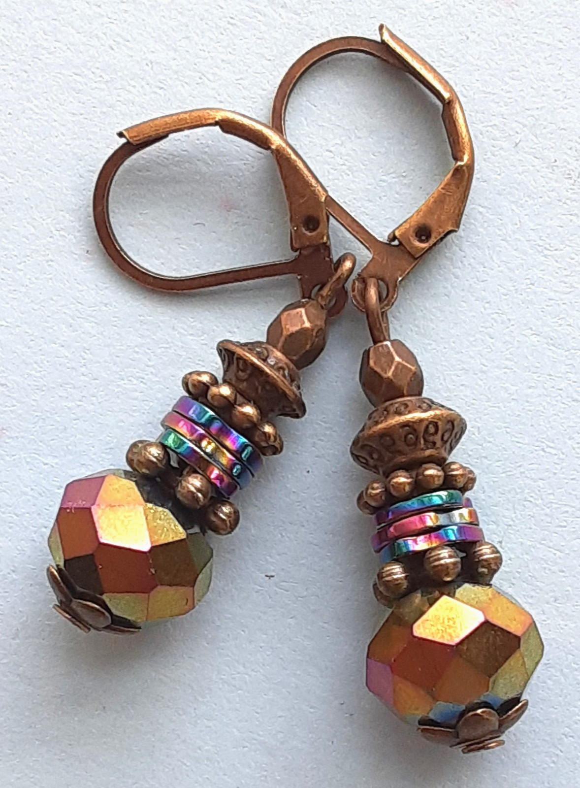 RAINBOW CRYSTAL & HEMATITE Colorized Crystal earring bronze Leverback #DMX