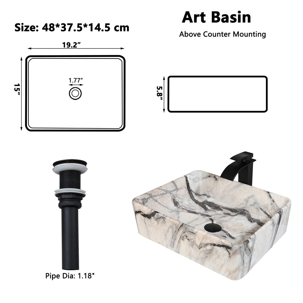 Bathroom Marble Vessel Sink White Black Rectangular Basin With Faucet Drain Set