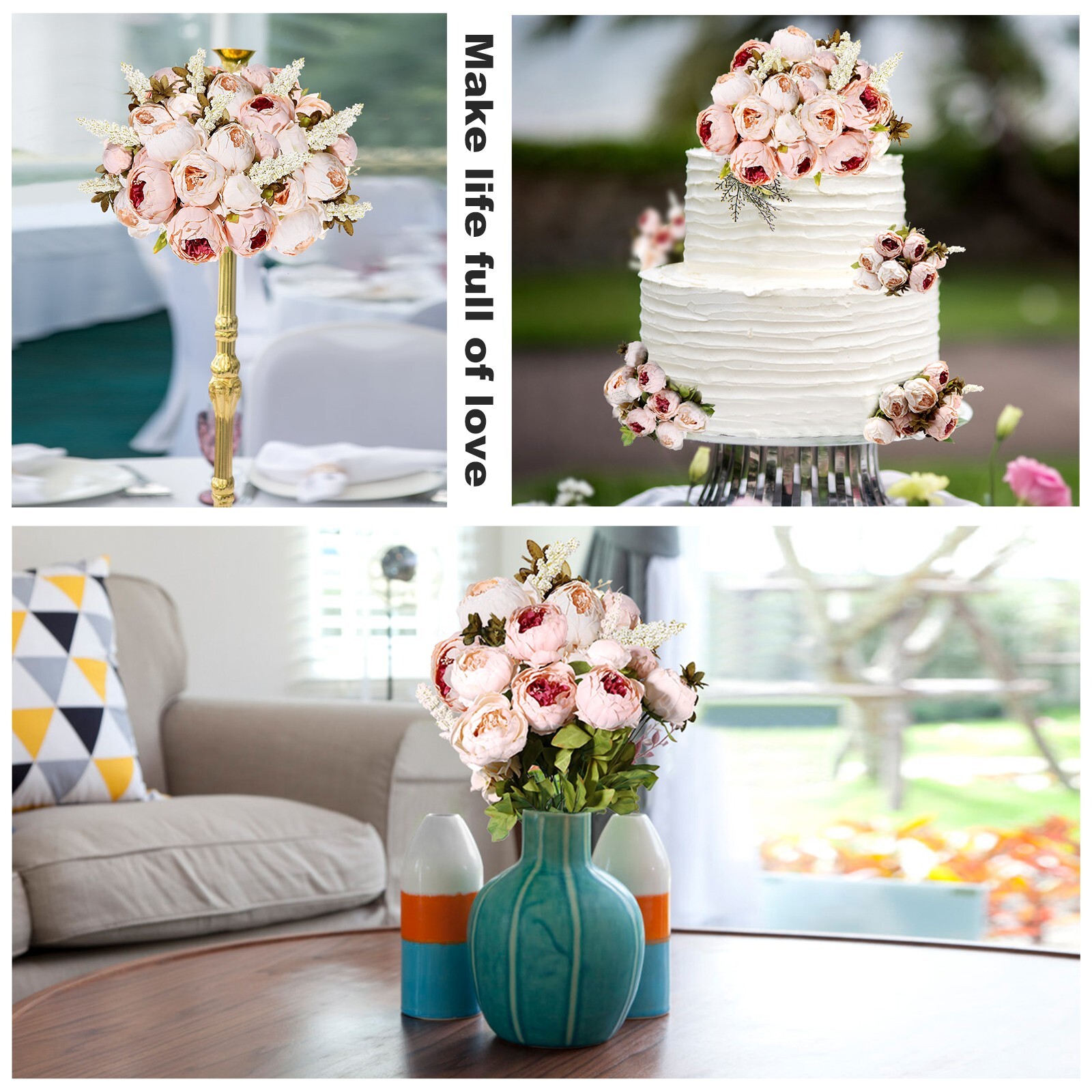 EZFLOWERY 2 PACK Artificial Peony Silk Flowers Arrangement Bouquet - Peach