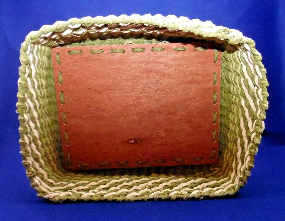 Vintage Soft Sided Macrame Sewing Box - Avocado Green & White - 10"