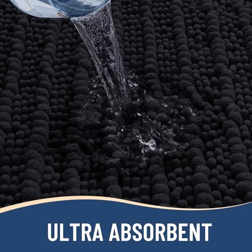 Luxury Chenille Bathroom Rug Mat, Extra Soft Thick 24" x 16" Rectangular Black