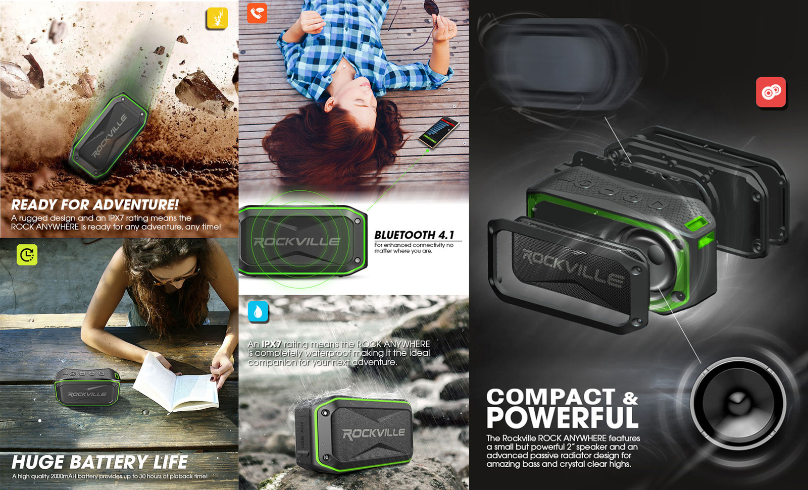 Rockville ROCK ANYWHERE WaterProof Portable Bluetooth Speaker+TWS Stereo Linking