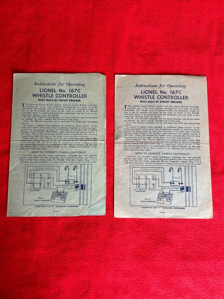C6 LIONEL POSTWAR #167C WHISTLE CONTROLLER OPERATING INSTRUCTIONS 1947