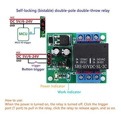 Self-Locking Relay Module, DC 5-24V 3-5A Flipflop DPDT Relay Module Double