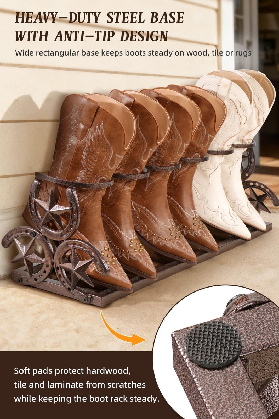 Western Horseshoe Boot Rack, 3 Pairs Freestanding Metal Boot Stand, Adjustabl...