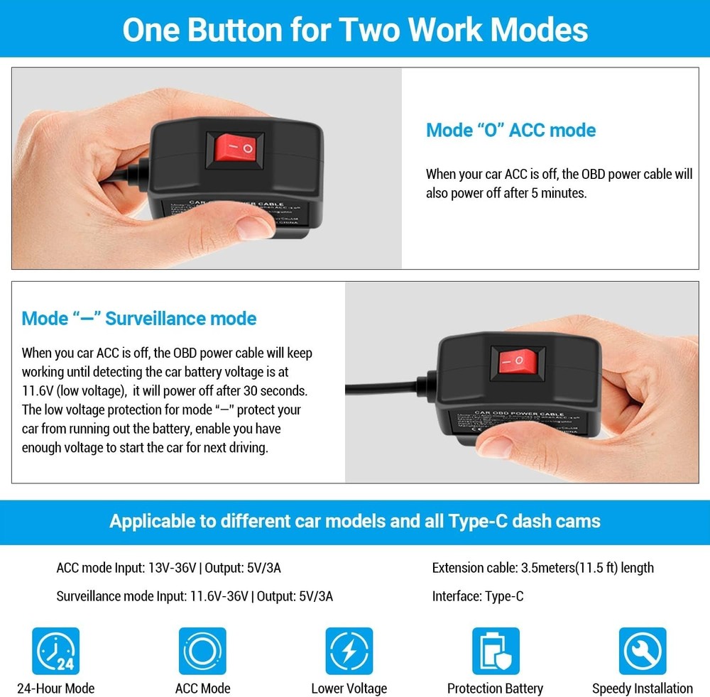 Dual-Mode OBD Power Cable for Dash Cameras - ACC & Surveillance Functionality