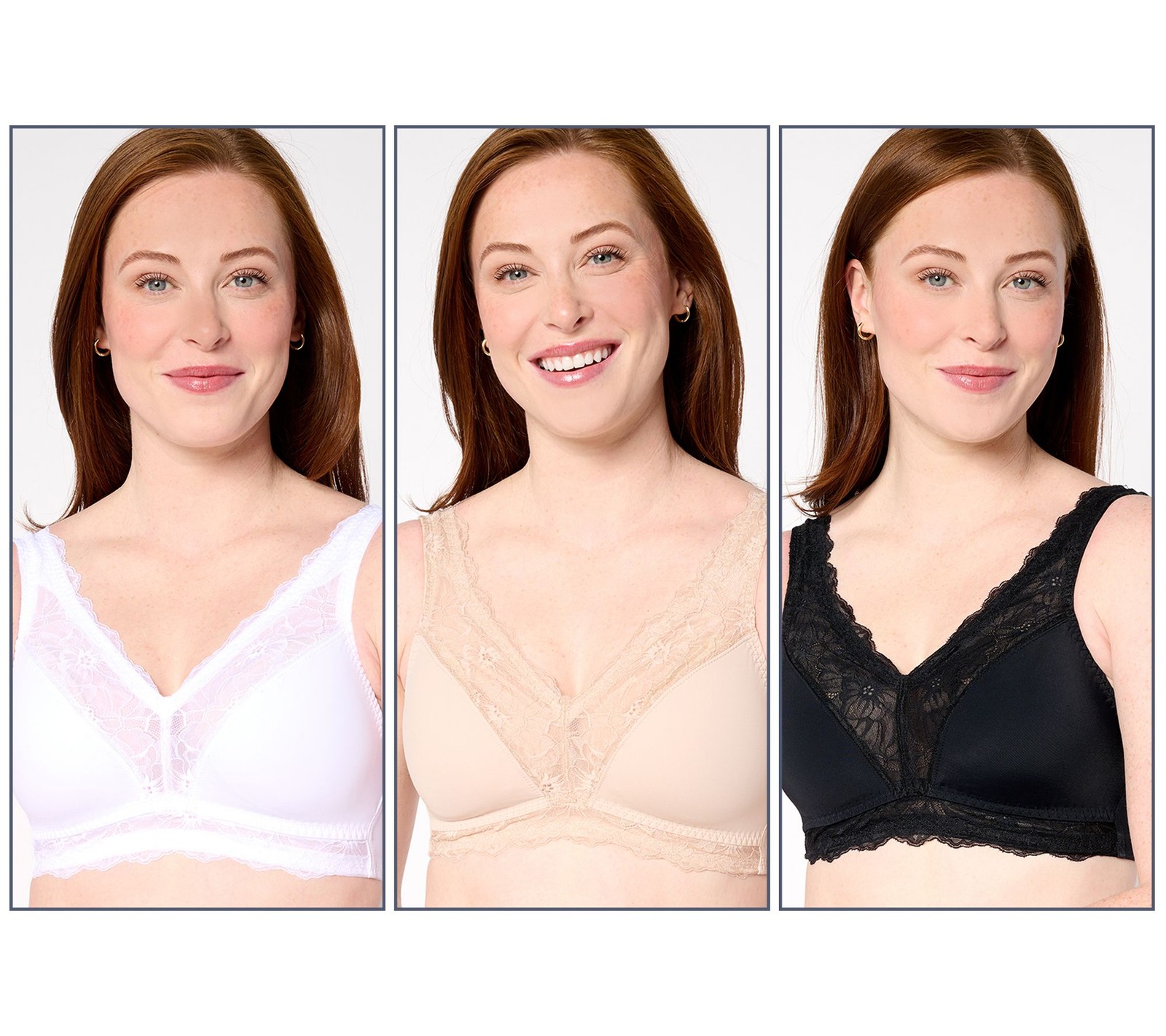 Breezies Set of 3 Soft Support Lace Wirefree Unlined Bras Basic XL New