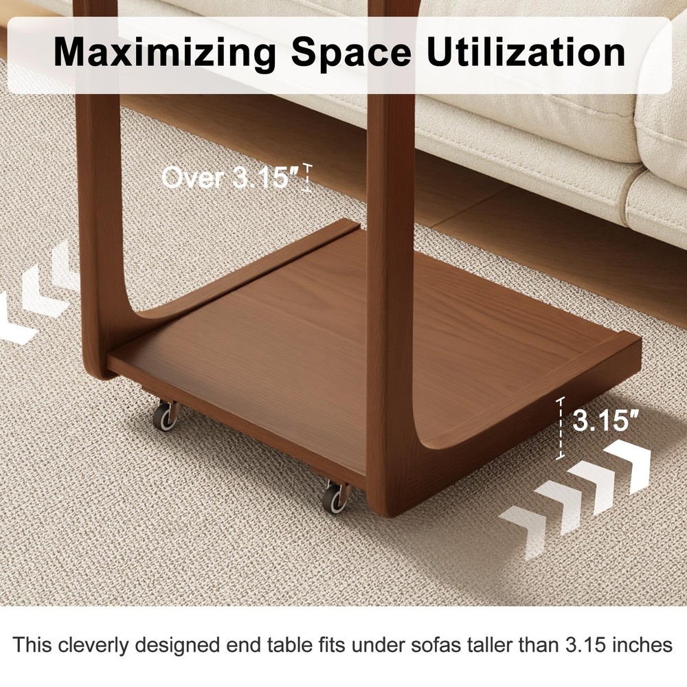 Wooden C-Shaped End Table,Couch Table with Adjustable Desktop,Small Rolling S...