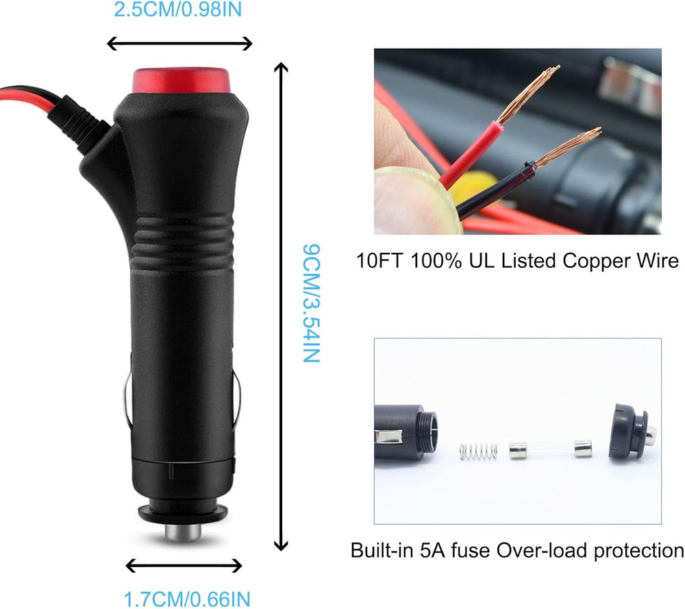 Car Cigarette Lighter Plug Adapter 10FT with LED Switch Button 12V Cigarette Lig