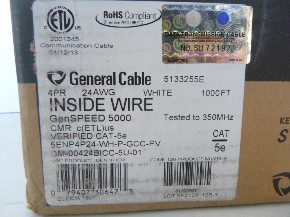 General Cable GenSPEED 5000 Cat-5e Network Cable 4PR 24AWG White 700+ Ft.